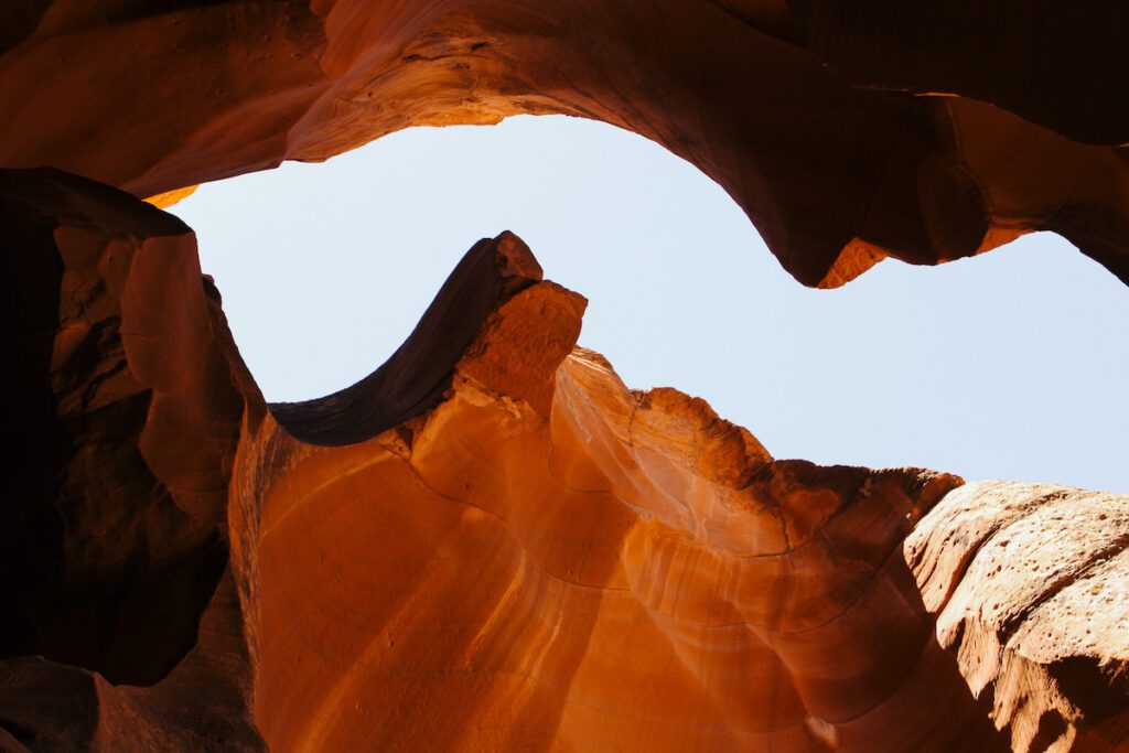view looking up from the bottom of antelope canyon