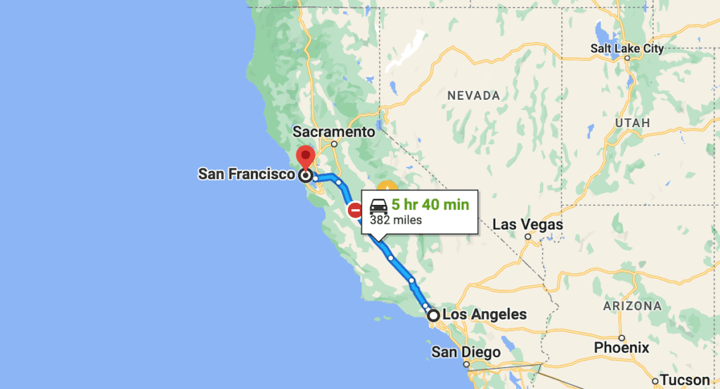 map showing the distance between san francisco and los angeles
